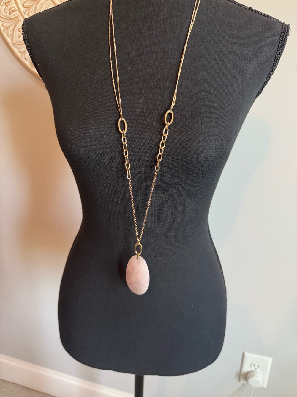 White House Black Market Gold-Tone Long Necklace with Pink Pendant